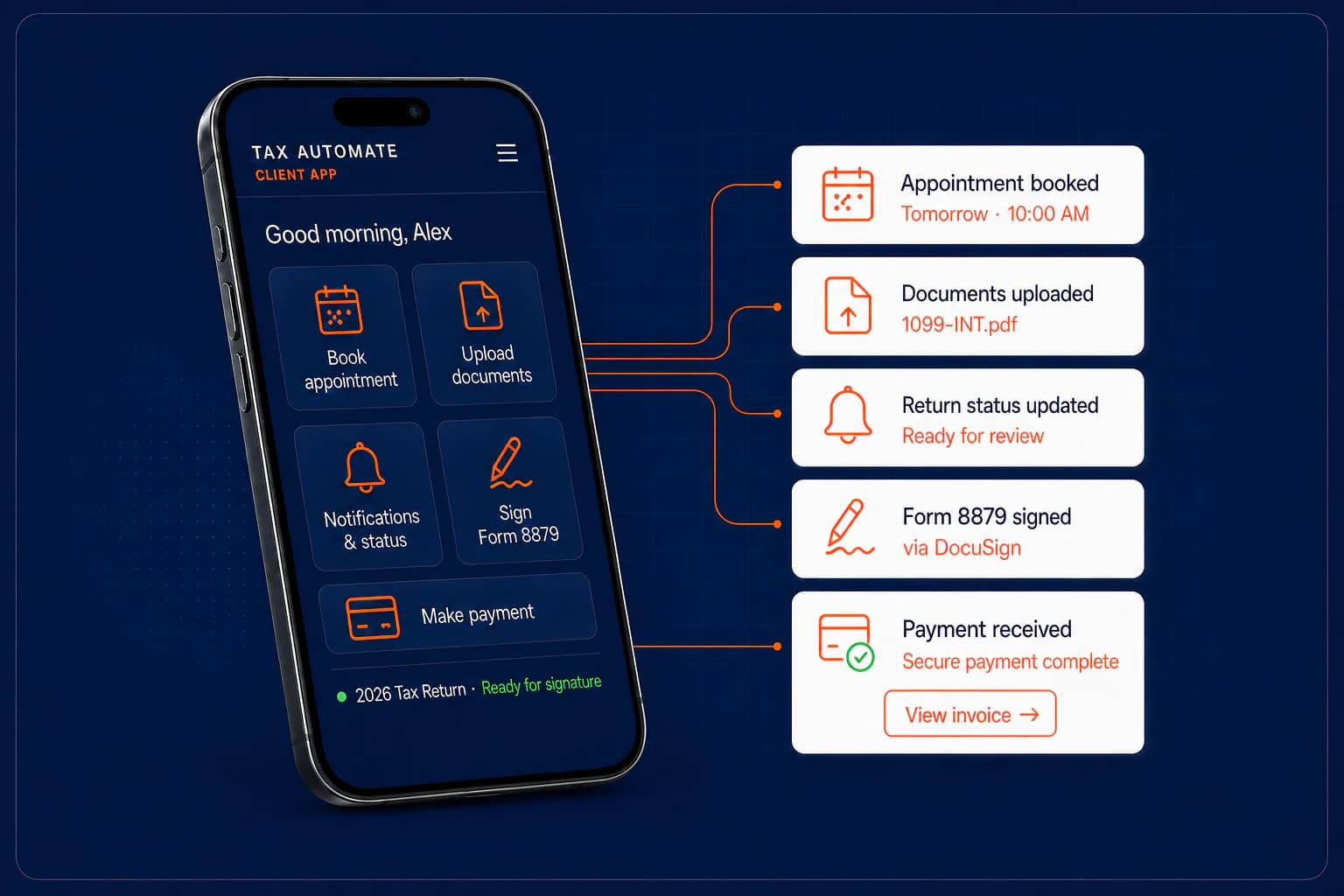 Client App for booking appointments, uploading documents, answering requests, tracking status, making payments, and viewing invoices