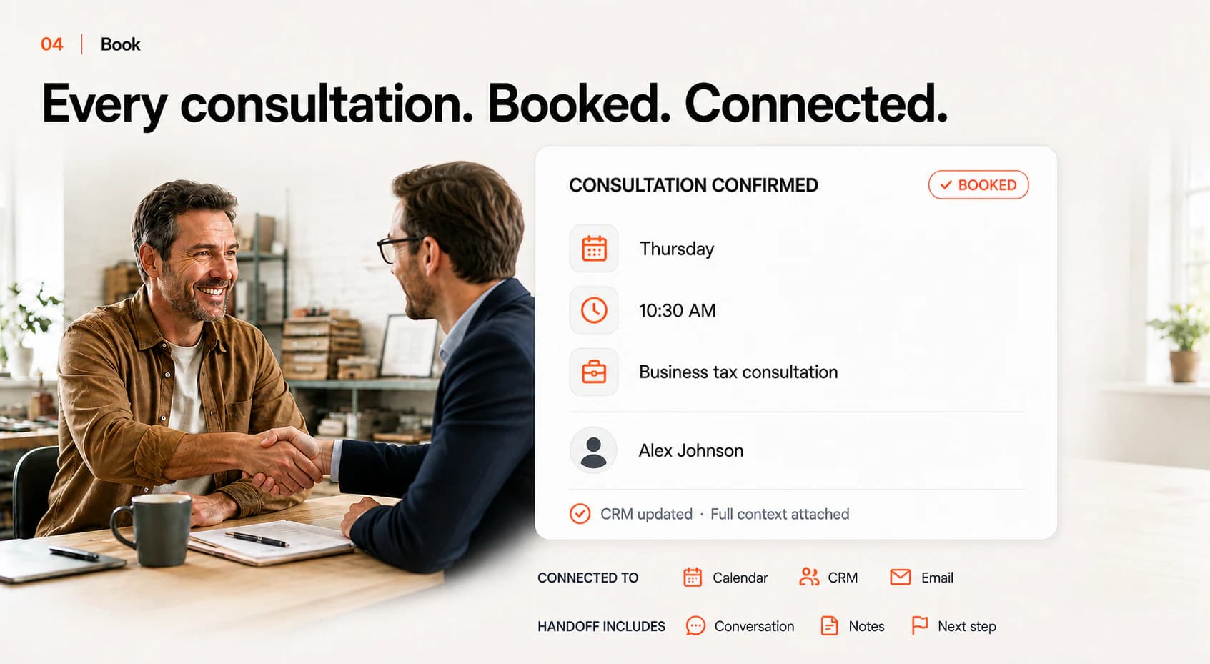 A confirmed tax consultation connected to calendar, CRM, and email