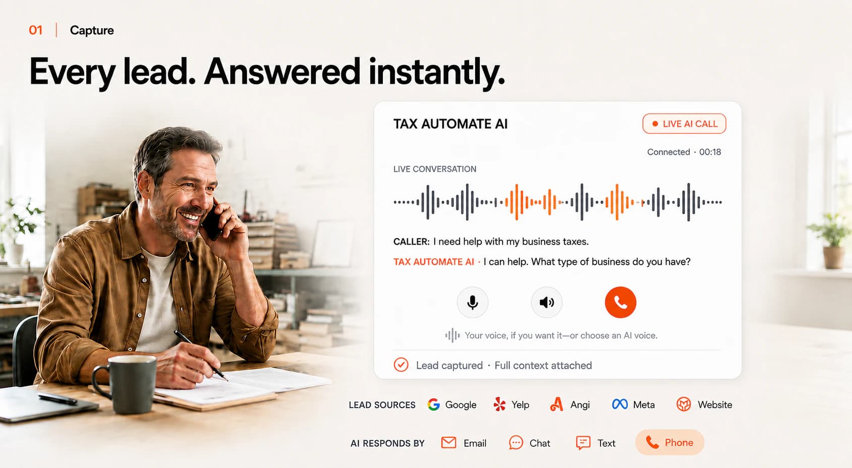 A live TaxAutomate AI call answering a new business-tax lead