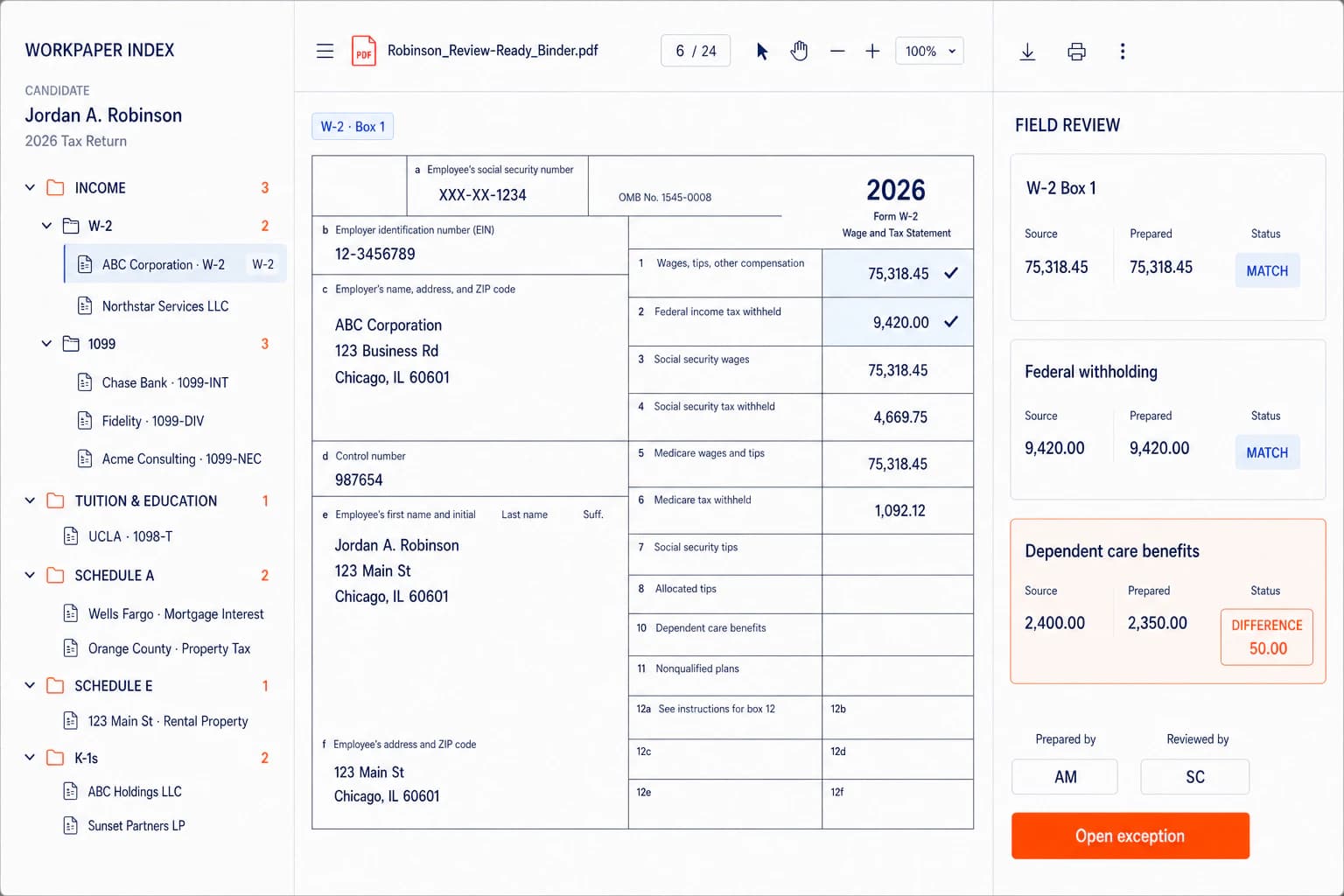 TaxAutomate light workpaper binder showing a source-document index, a linked W-2, tied values, and a dependent care benefits exception