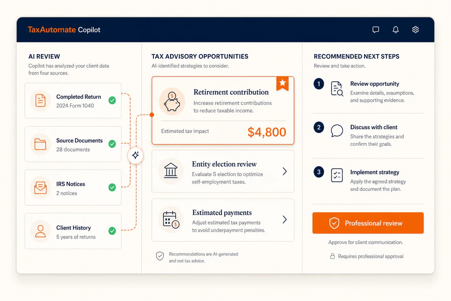 TaxAutomate Copilot reviewing completed returns, documents, notices, and client history for professionally reviewed planning and response opportunities