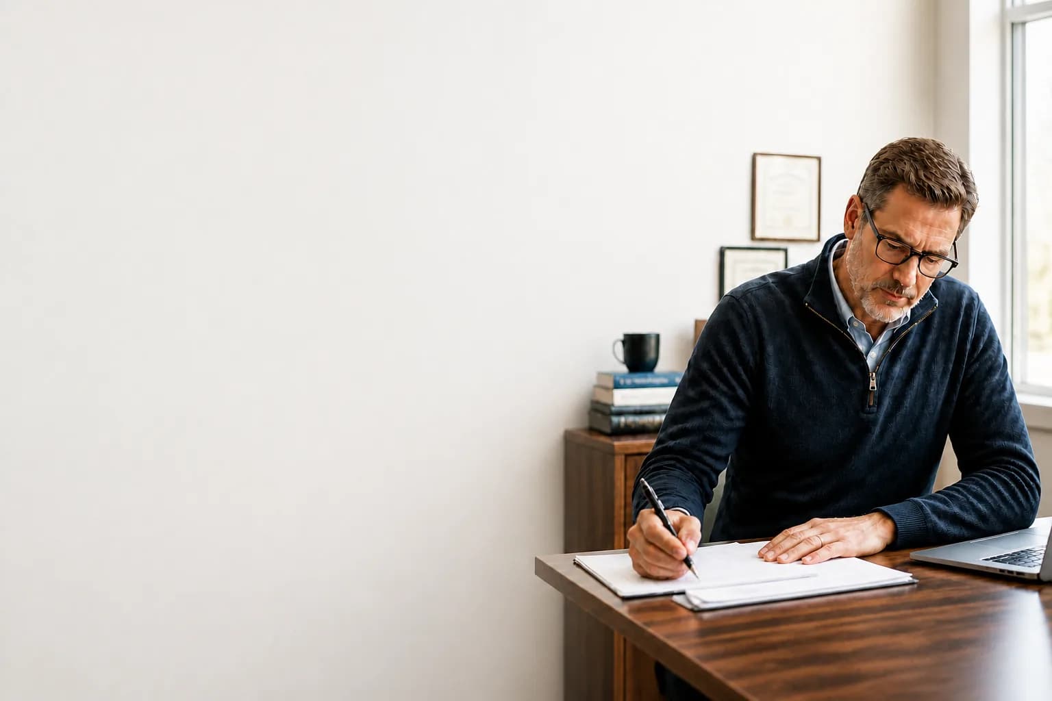 Tax professional reviewing client documents in an office