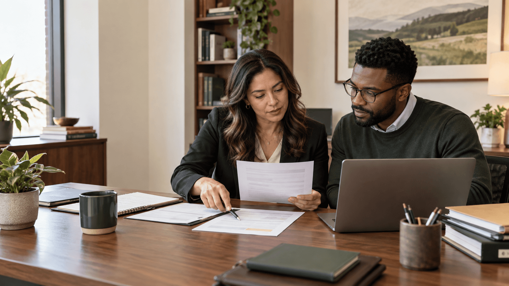 Two tax professionals reviewing an IRS notice workflow with supporting documents and a laptop