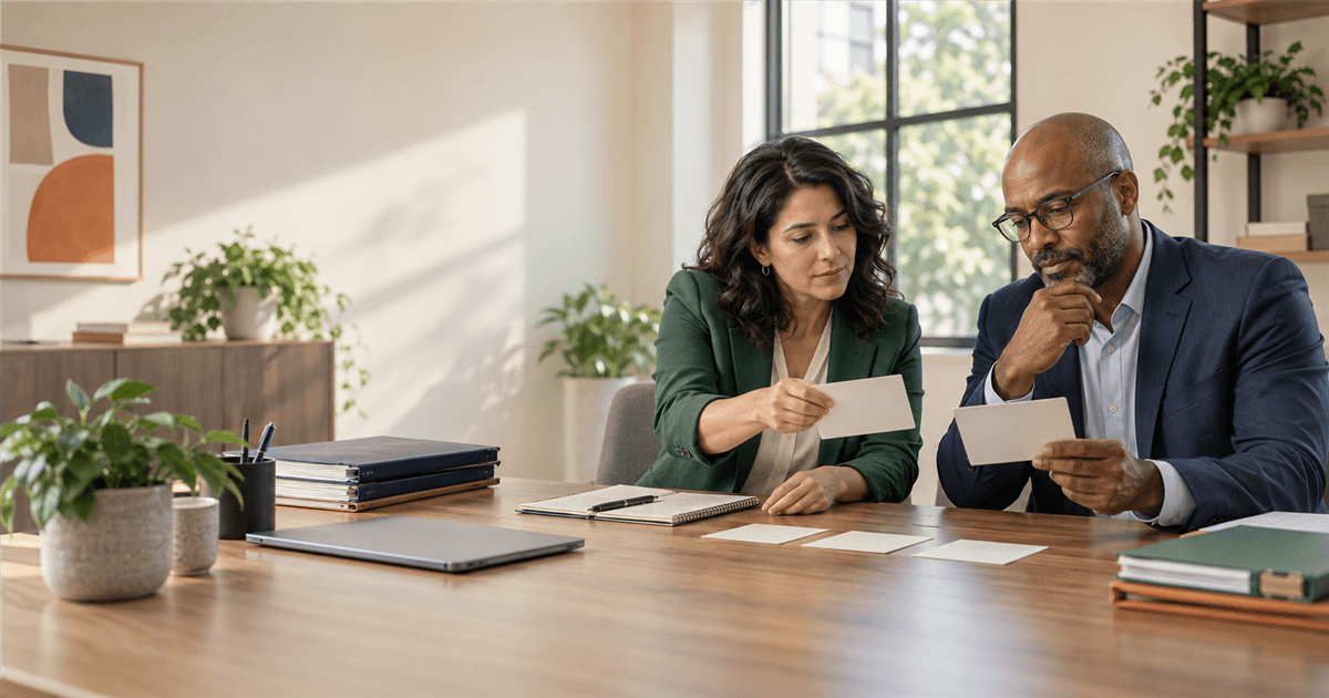 Two tax-firm leaders comparing workflow options in a professional meeting room