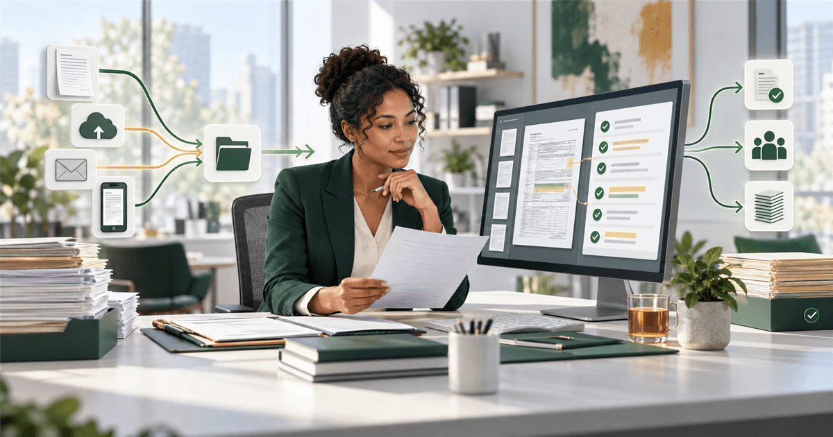 Tax professional reviewing source-linked documents in an organized automated workflow