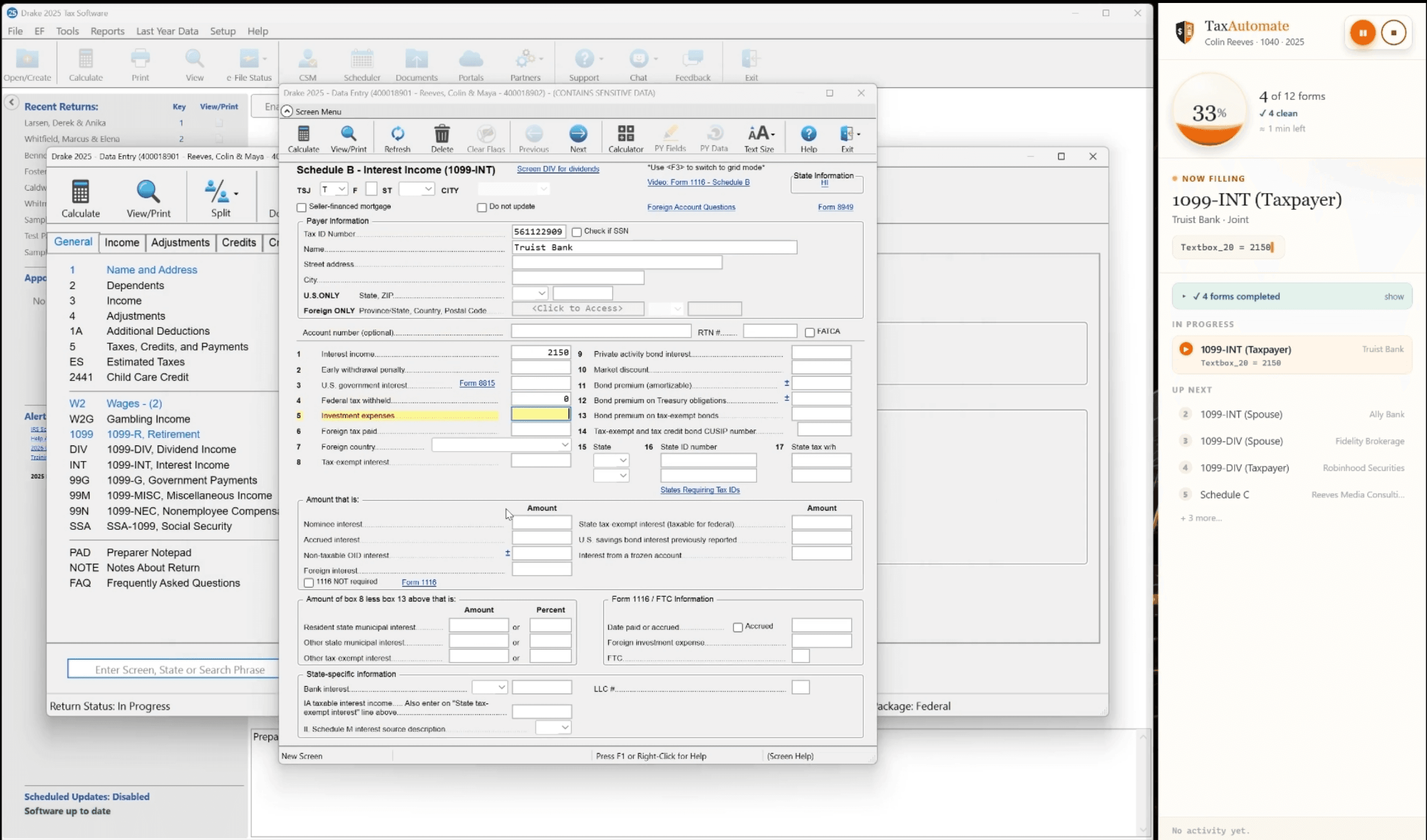TaxAutomate software-entry panel working alongside a professional tax return data-entry screen