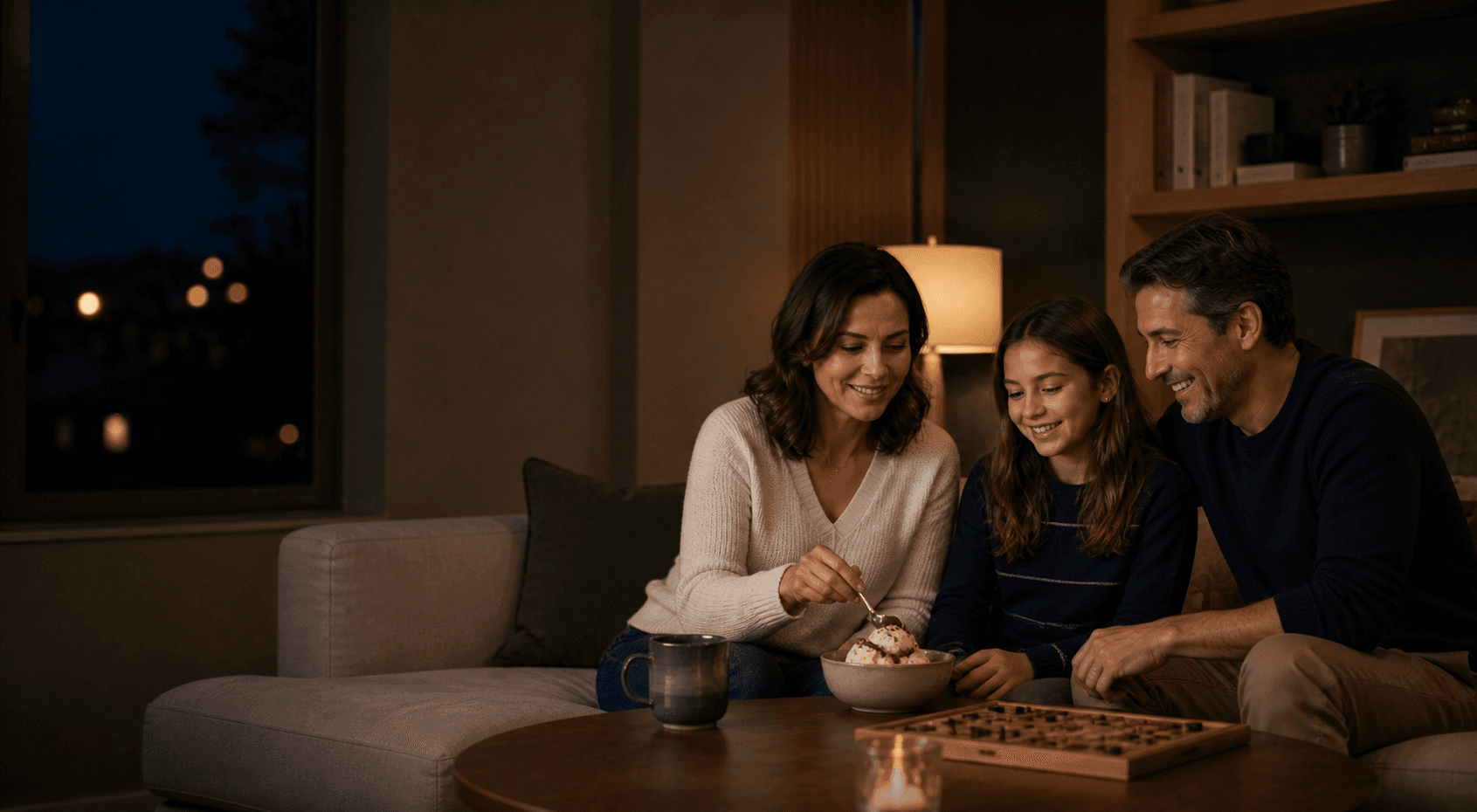 Female tax professional relaxing with her family in the evening while her AI Front Desk continues working