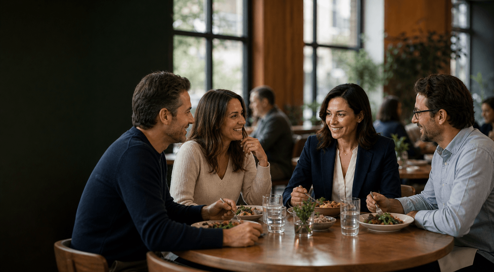 Female tax professional enjoying lunch at a restaurant with her team during a busy season