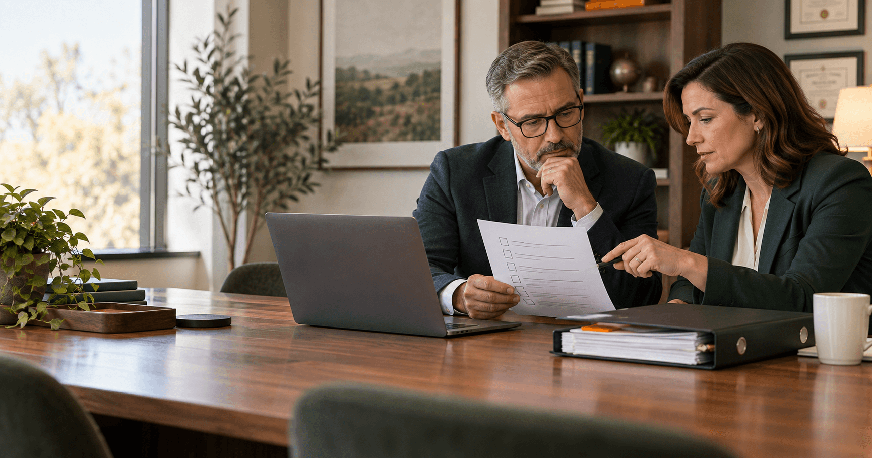 Tax-firm leaders reviewing an information-security checklist beside a laptop and organized client binder