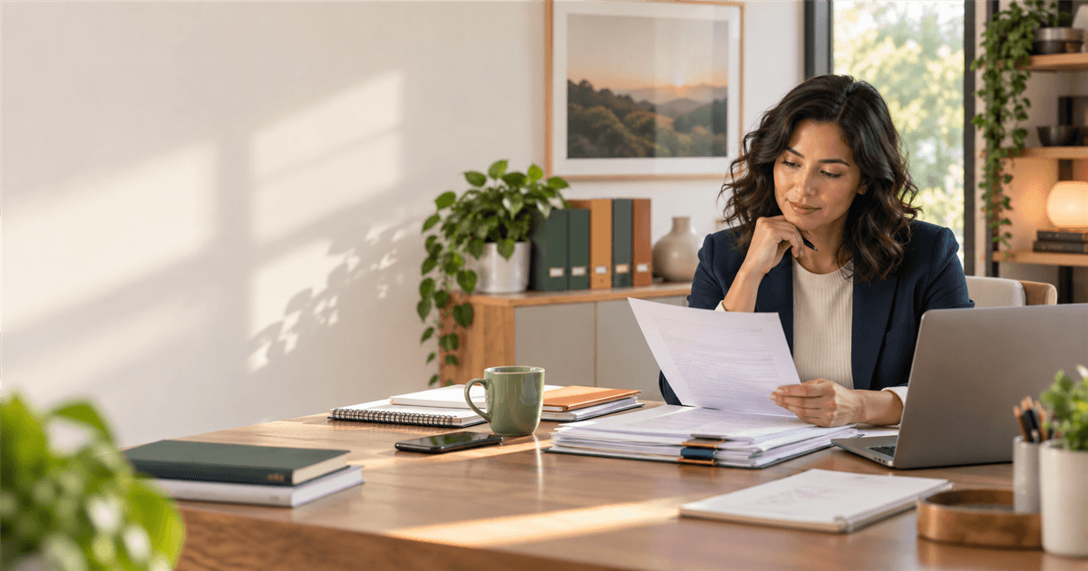 Tax professional reviewing an organized document workflow at her desk