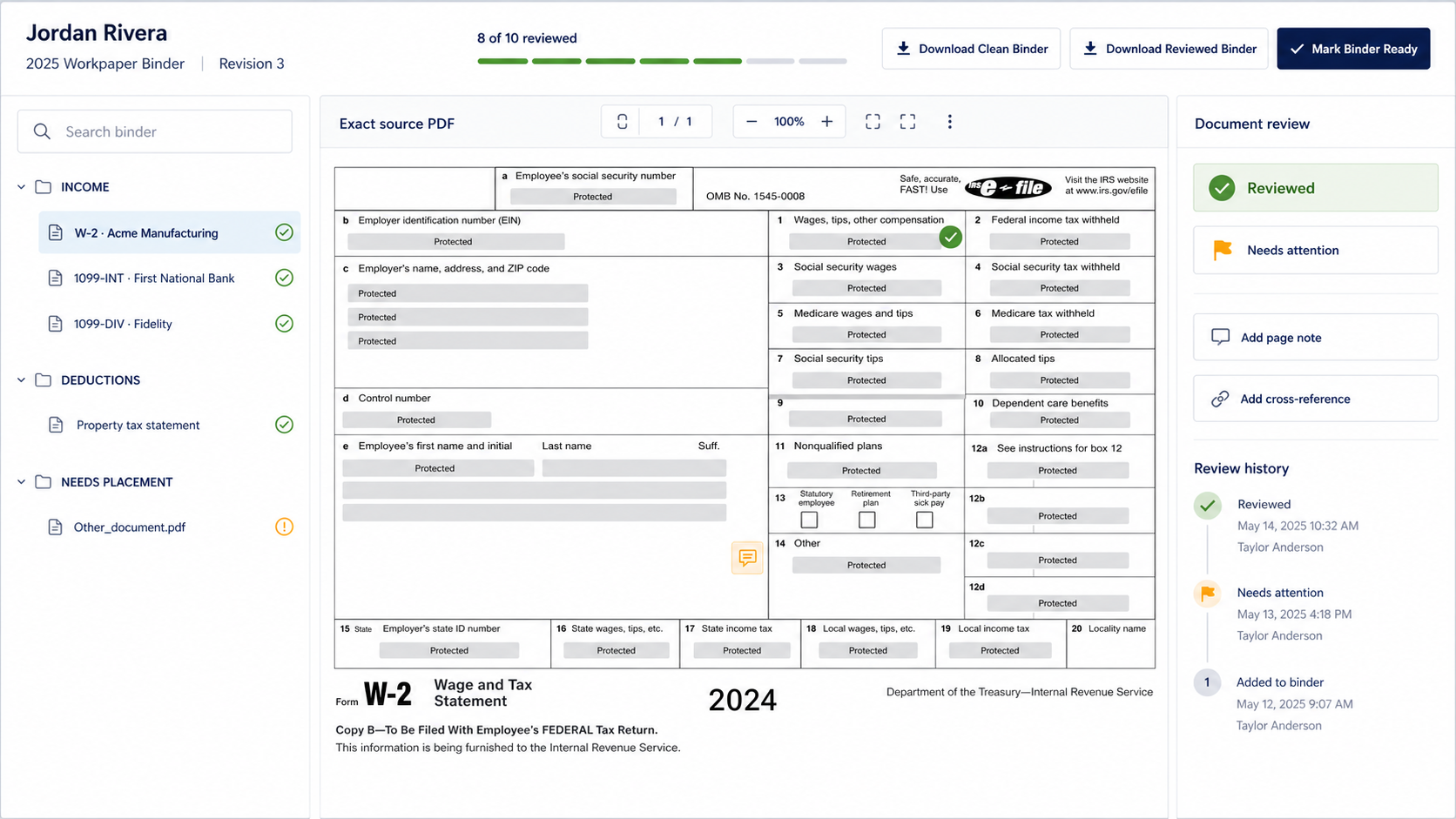 Bookmarked TaxAutomate workpaper binder showing a full W-2 PDF page