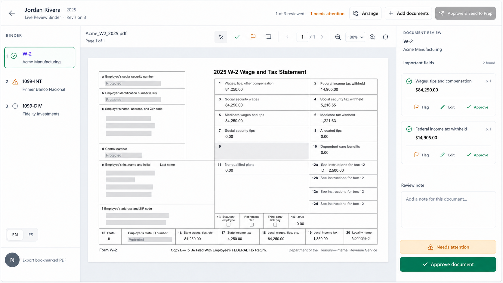 TaxAutomate split-screen PDF review with extracted fields and source-area highlighting