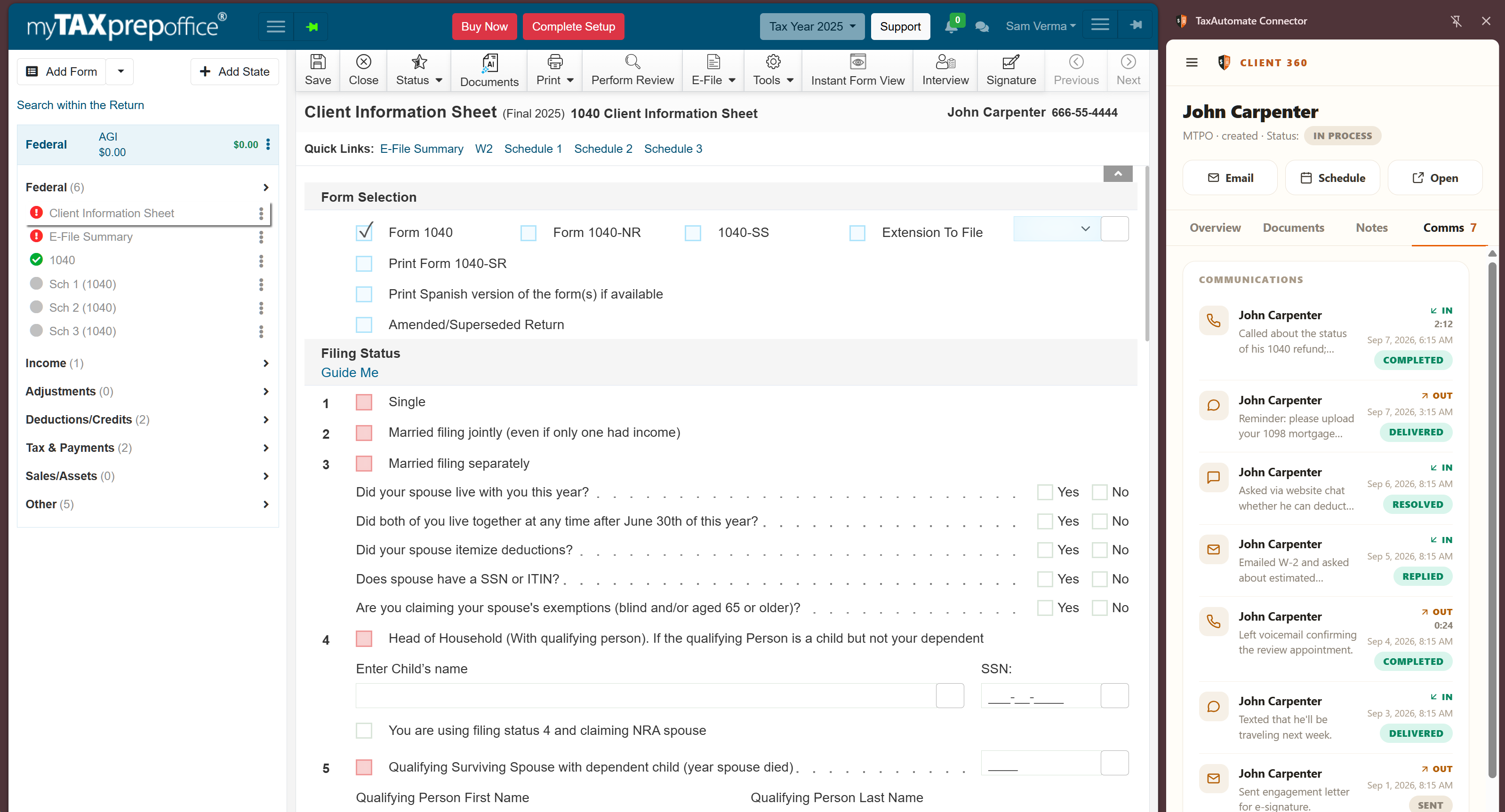 Keep the client beside the return. Open the linked Client 360 record while you work in MyTAXPrepOffice.