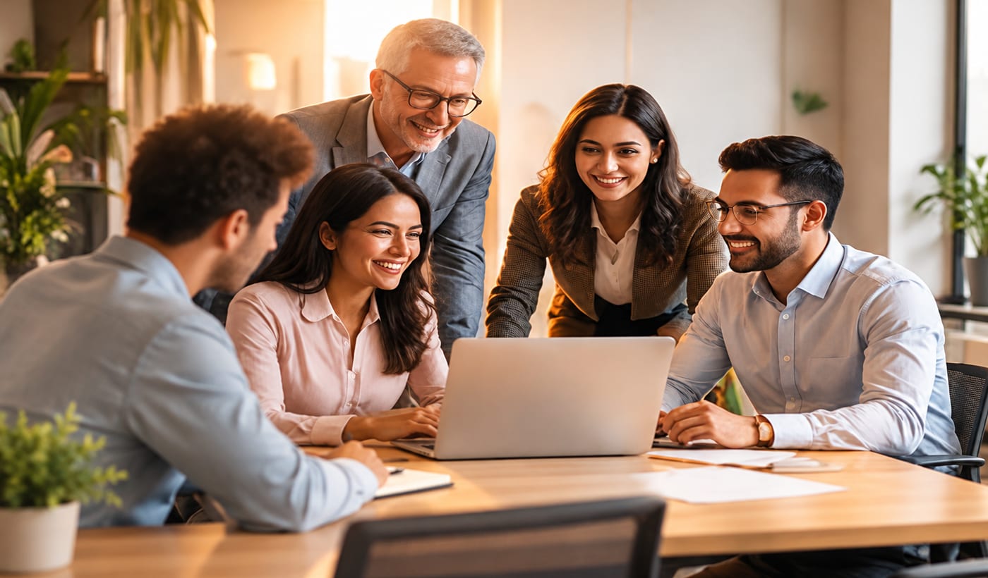 Illustration of a tax team collaborating around a laptop