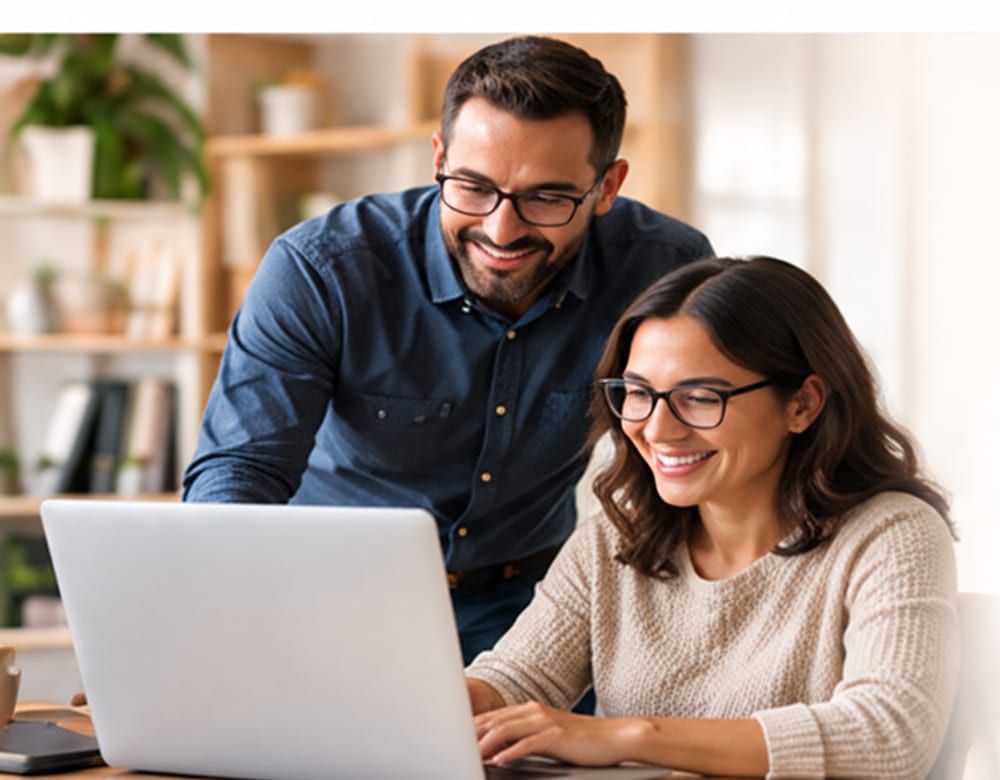 Illustration of two colleagues reviewing a laptop