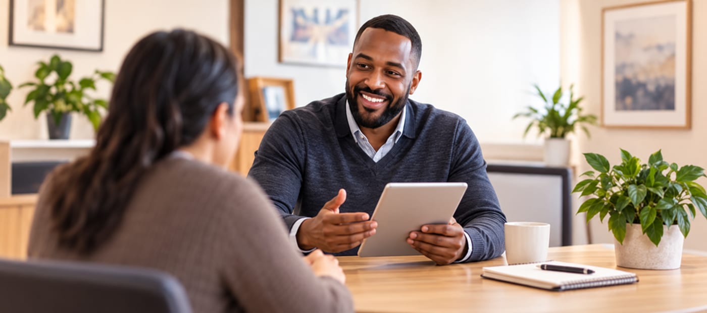 Illustration of a tax professional talking with a client